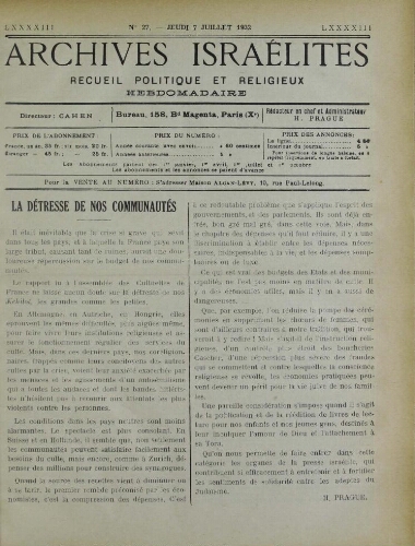 Archives israélites de France. Vol.93 N°27 (07 juil. 1932)